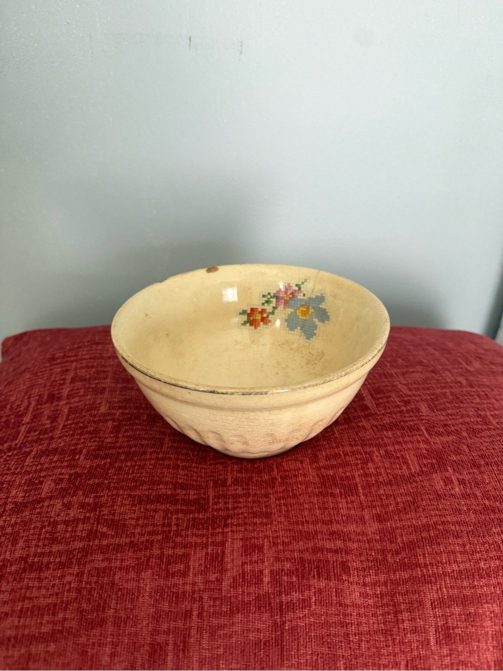 Cream Ceramic Decorative Bowl with Blue Floral Accent